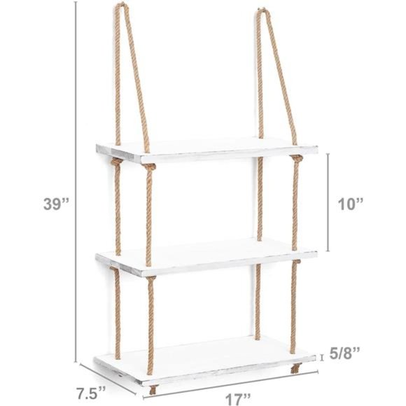 Hanging Shelves 3 Tier White Wood Wall Mount Floating Shelf with Rope Boho Decor - Picture 2 of 5